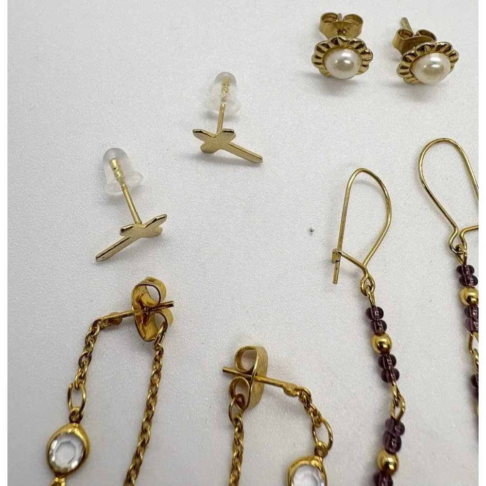 Vintage Lot of 6 Pairs‎ Pierced Earrings Gold Tone Dangle Stud Dainty Cross Bow